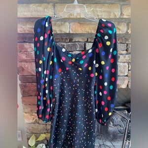RIXO Black Dress with Multicolored Polka Dots